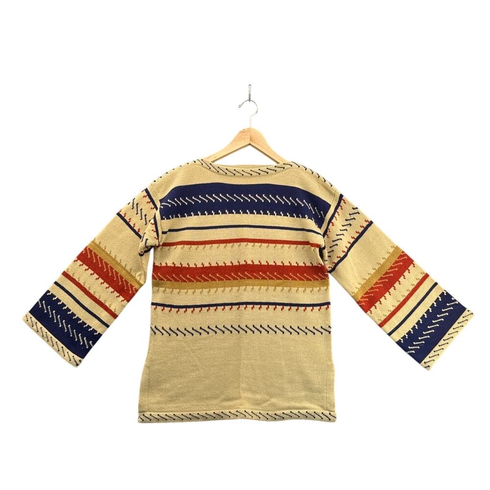 Vintage 70s 100% Acrylic Tan Blue Orange Striped Tunic Sweater Women Medium